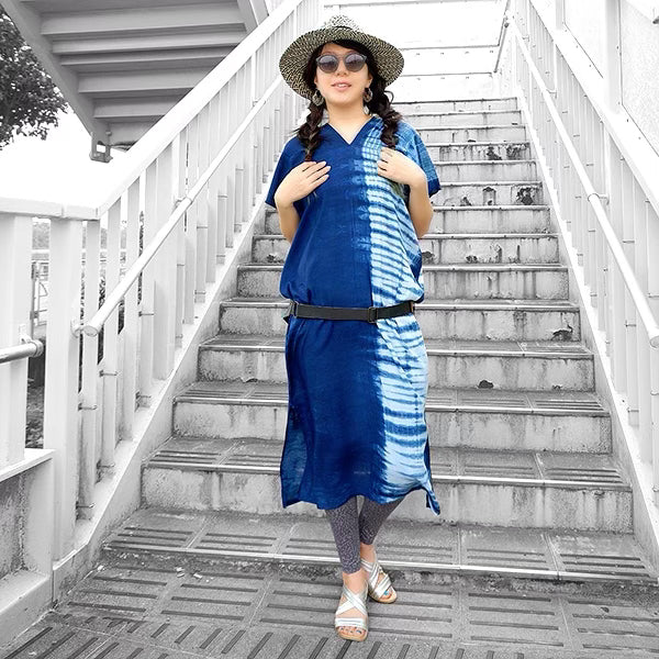 Indigo tie dye long kaftan dress