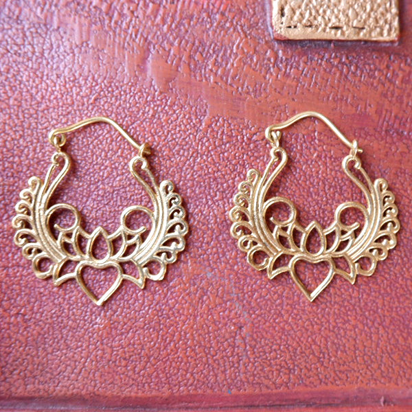 Small Lotus Design Brass Hoop Earrings